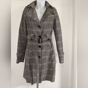 Plaid Trench Coat Belted Raincoat Black and White
